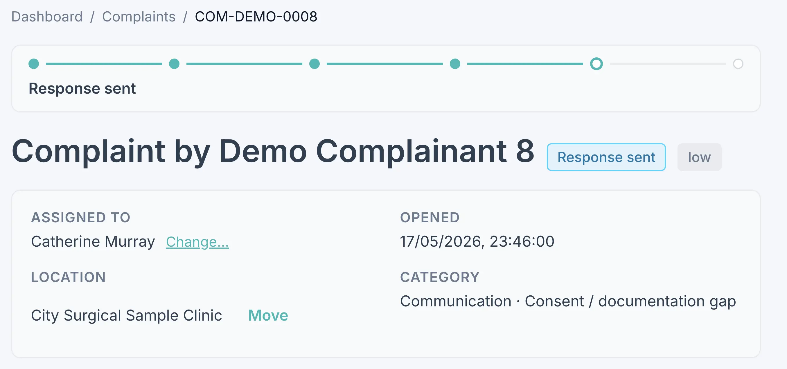 Verivius complaint record COM-DEMO-0008. A six-step progress rail is filled to the fifth step and labelled Response sent. The heading reads Complaint by Demo Complainant 8, beside a Response sent status pill and a low priority pill. A details card below shows Assigned to Catherine Murray, Opened 17 May 2026, Location City Surgical Sample Clinic, and Category Communication, consent and documentation gap.