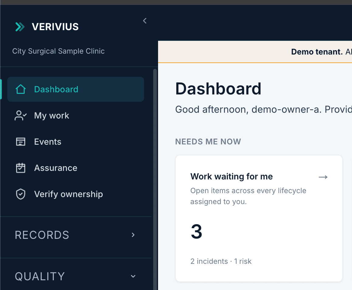 The full Verivius dashboard for a demo provider: sidebar navigation on the left, with a Needs Me Now card showing three items of work assigned to the user across incidents and risks.