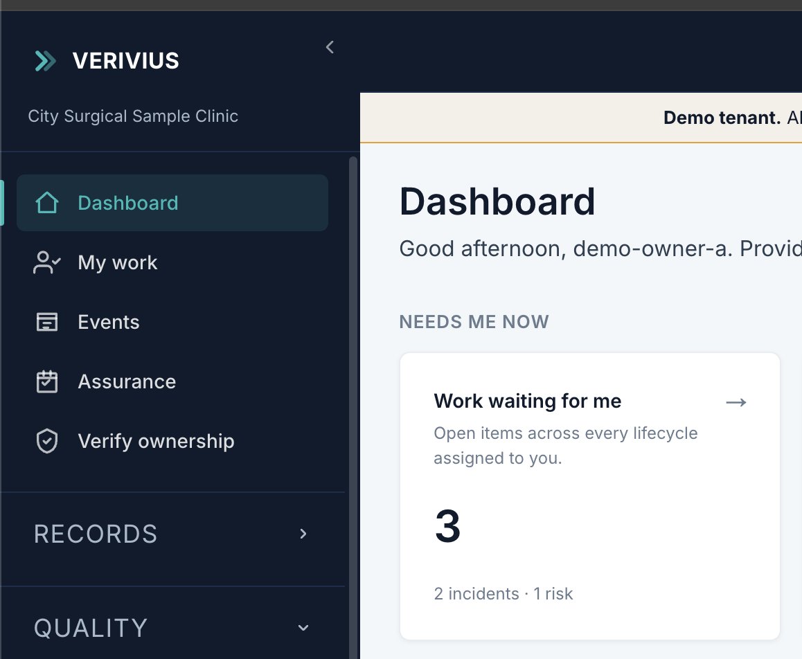 The full Verivius dashboard for a demo provider -- sidebar navigation on the left, with a Needs Me Now card showing three items of work assigned to the user across incidents and risks.